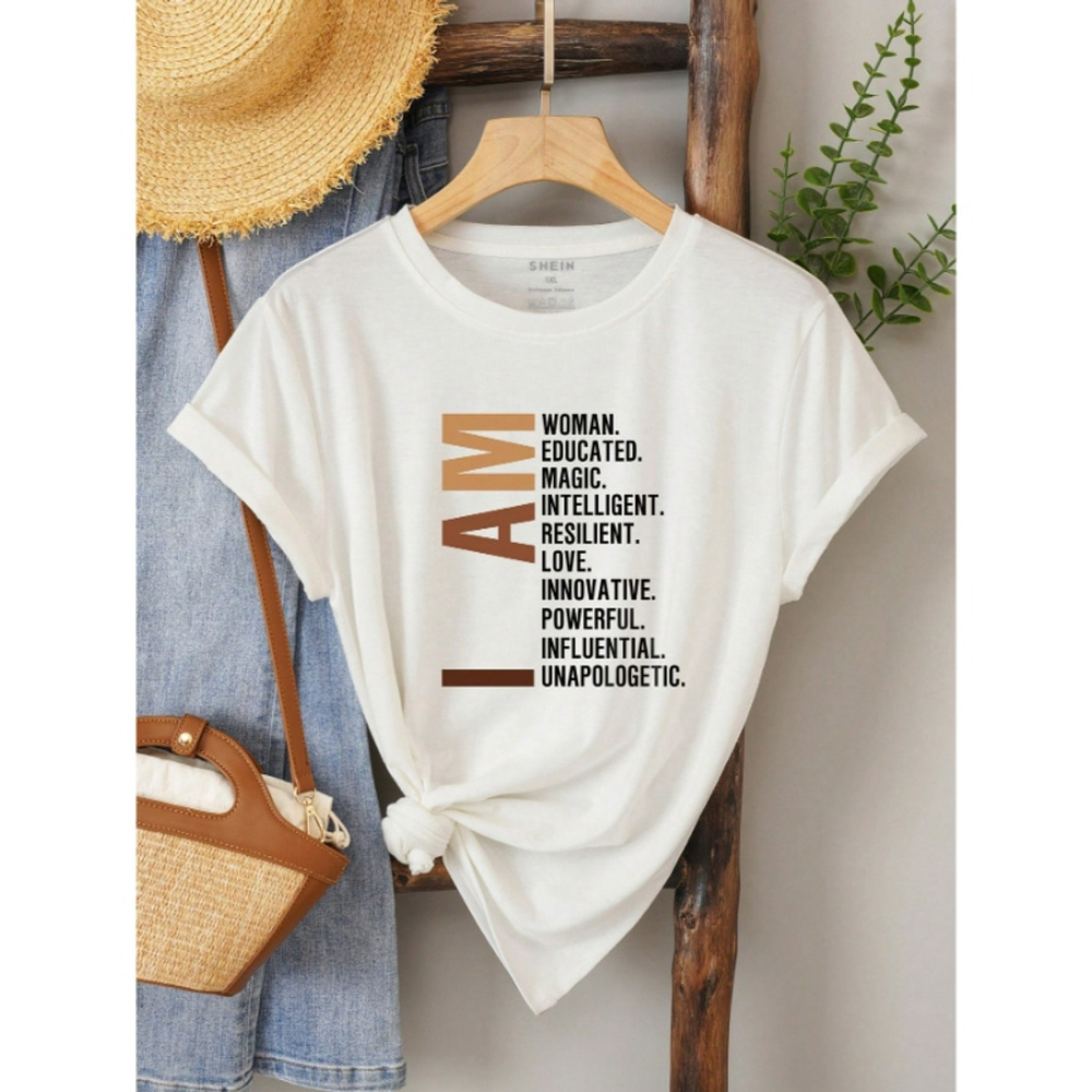 SHEIN Size Large White "I AM" Slogan Graphic Casual Top Short Sleeve T-Shirt NIB